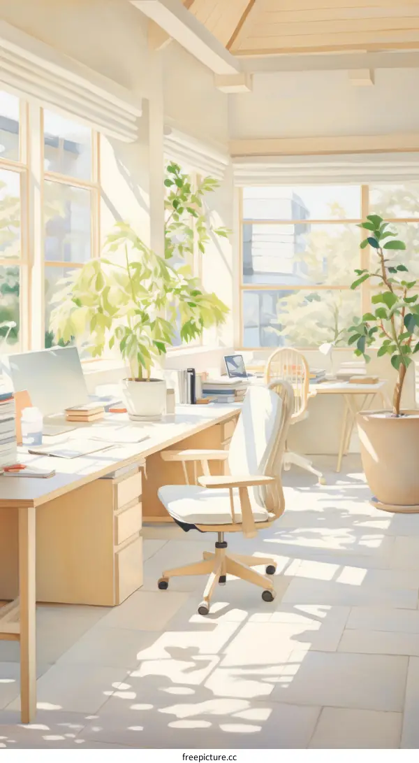Sunlight filled home office with large windows and plants