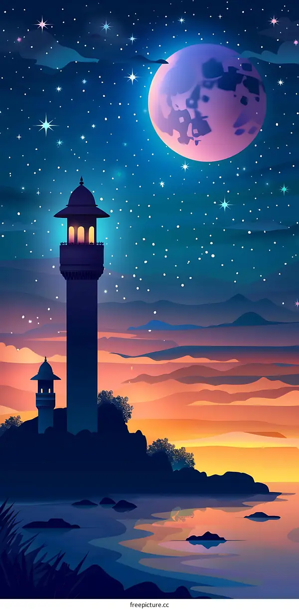 Night Sky with Stars and Moon Above a Silhouette of a Mosque and Lake