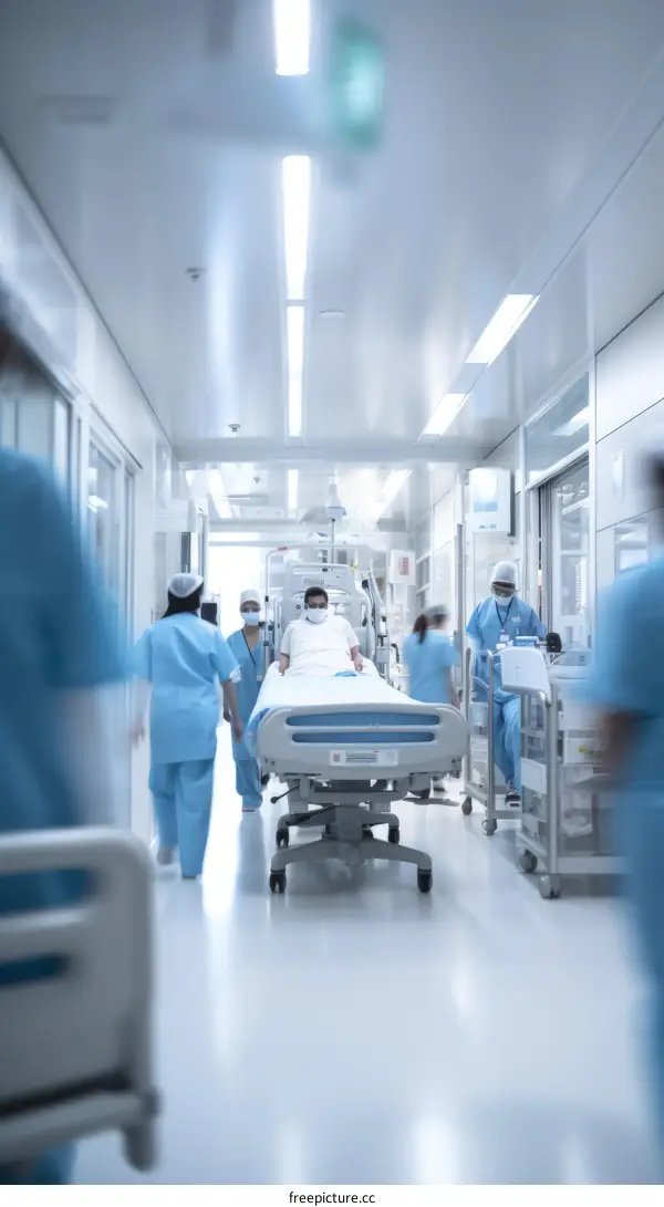 A group of doctors and nurses rush a patient down the hospital hallway