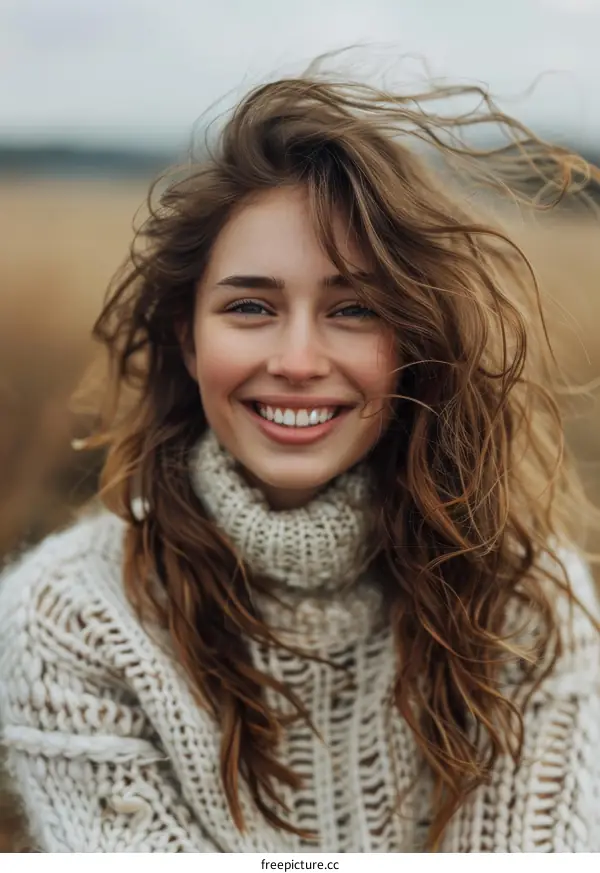 Smiling Woman in a Knitted Sweater Outdoors