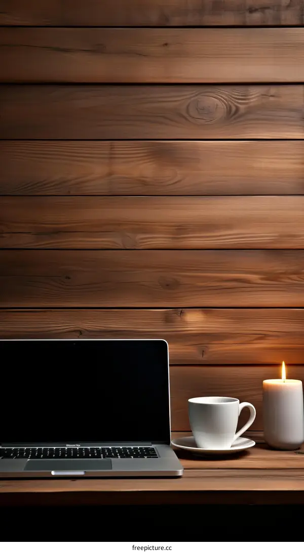 A wooden table with a laptop, a cup of coffee, and a candle on it