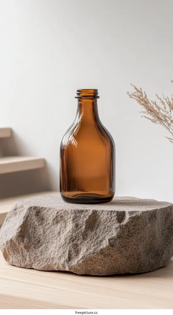 Amber Glass Bottle on a Stone Pedestal