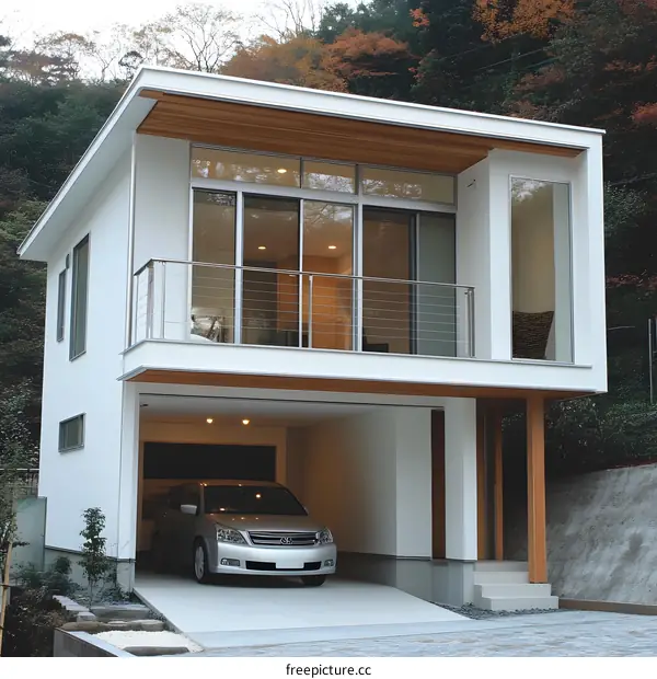 Modern White House with Garage and Balcony
