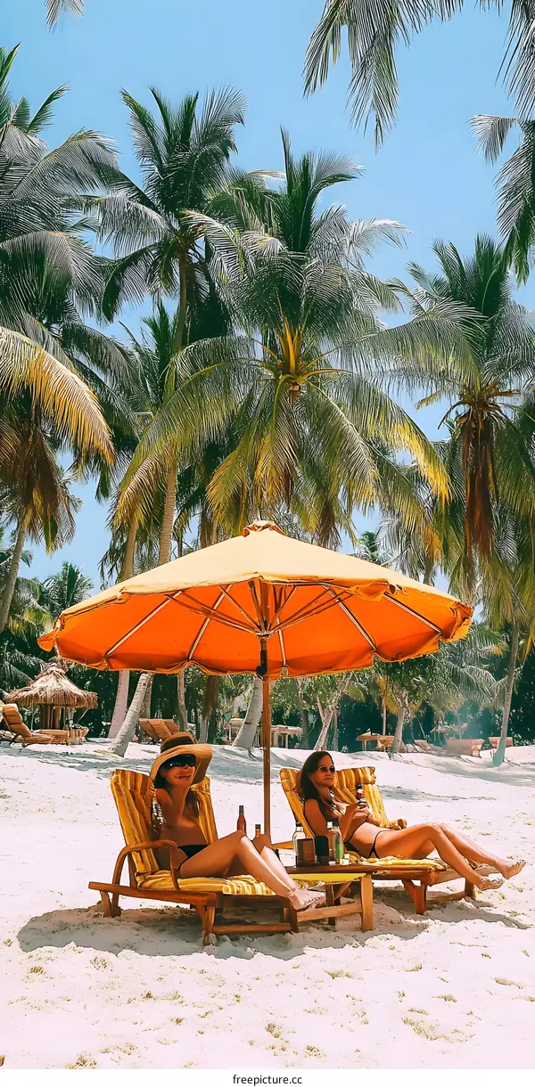 Two Women Relaxing On Beach Chairs Under A Large Umbrella Surrounded By Palm Trees