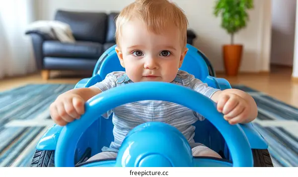 Baby Driving a Blue Toy Car