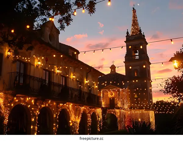 Buildings and bell tower illuminated by string lights at dusk