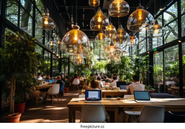 People working in a modern office with glass walls and a lot of plants