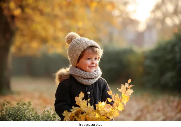 Adorable Child Collecting Autumn Leaves in Park