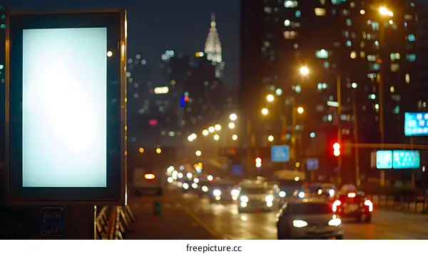 Blank Billboard On City Street at Night