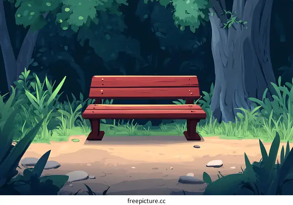 Empty Wooden Bench in a Lush Green Forest