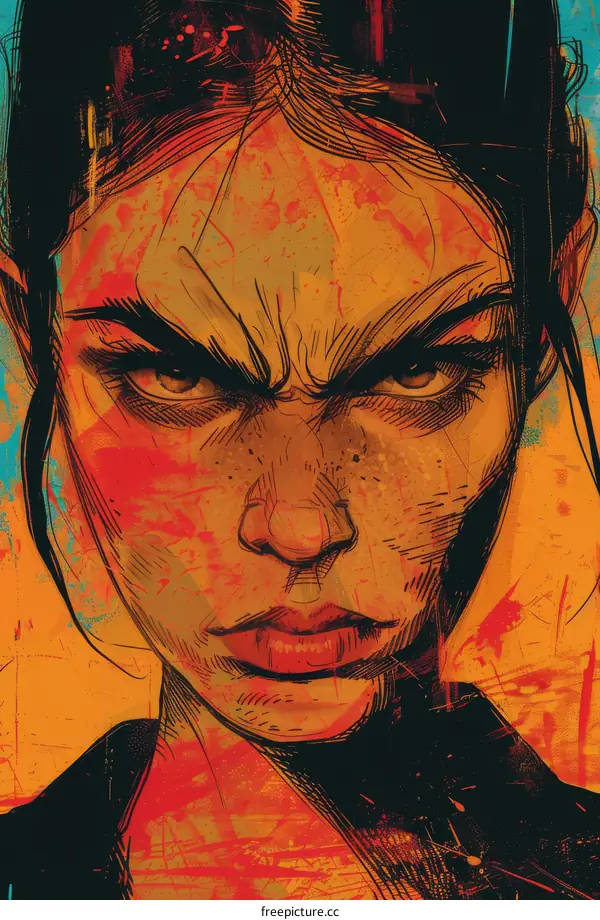 portrait of a determined looking woman with freckles and dark hair