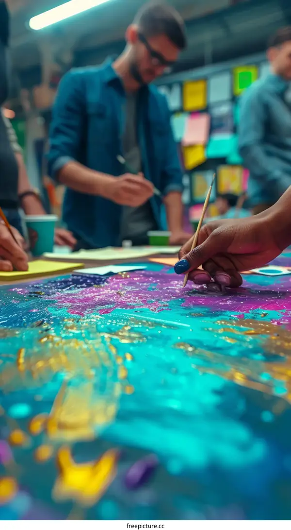 A group of people painting on a canvas