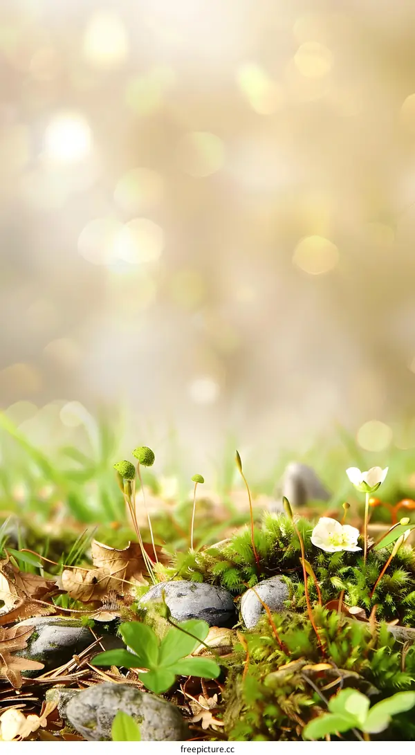 Nature Background with Moss, Stones, and Flowers