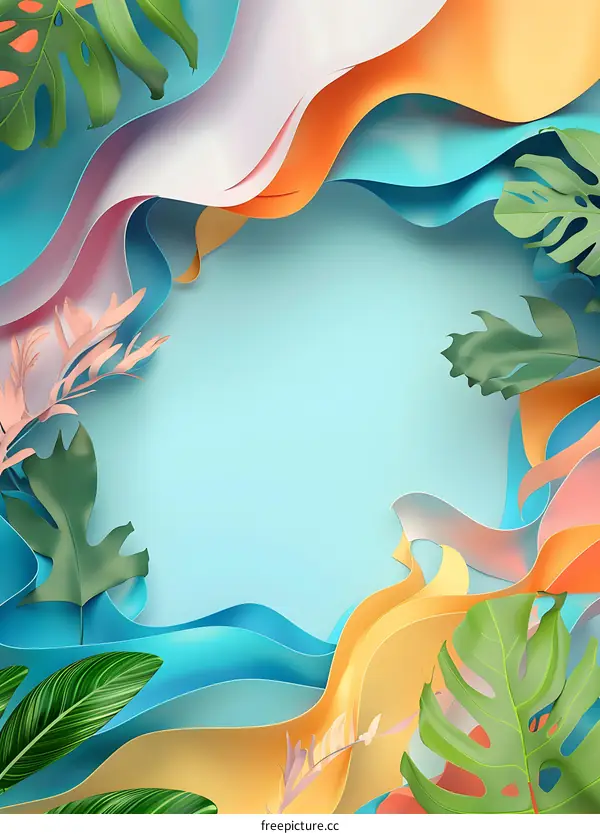 Abstract Summer Background with Green Leaves and Colorful Wavy Paper