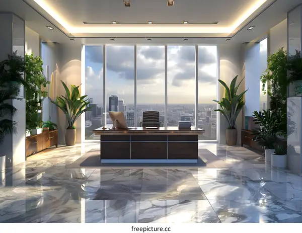 Modern office interior with large windows and green plants