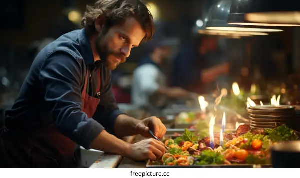 Focused male chef preparing a dish with vegetables and fire