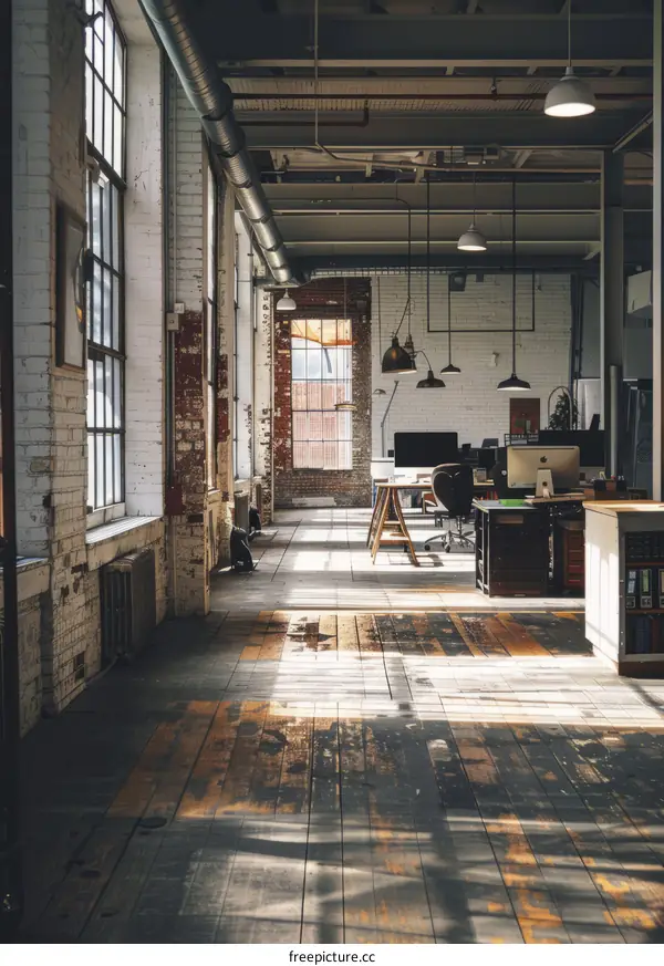 industrial style office space with large windows and wooden floors