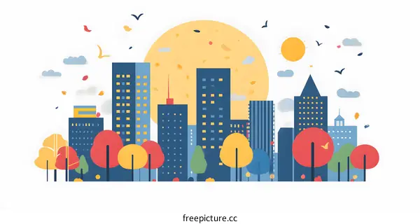 Colorful Illustration of a Cityscape with Buildings, Trees, and Birds