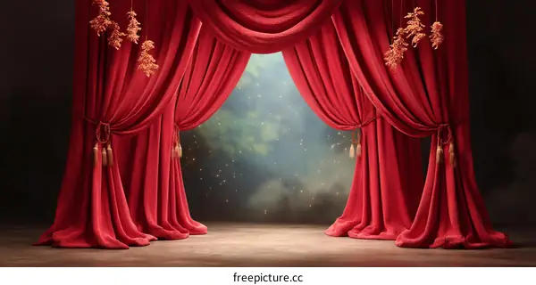 Red velvet stage curtains with dramatic lighting