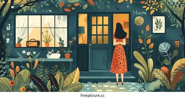 A woman standing in front of a door