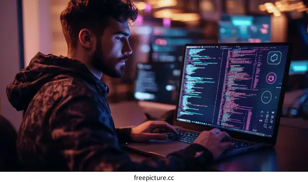 Focused Programmer Working Late Night on Code