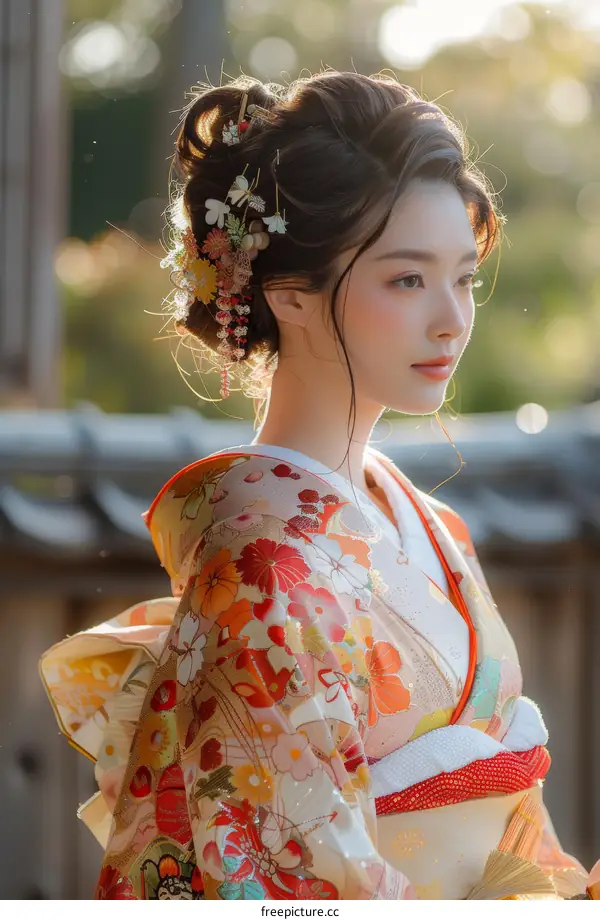 Portrait of a beautiful Japanese woman in traditional kimono