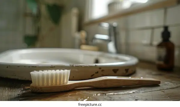 Natural bamboo toothbrush on wooden table in bathroom