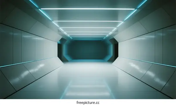 Futuristic Sci-Fi Corridor with Glowing Blue Lines and Reflective Floors