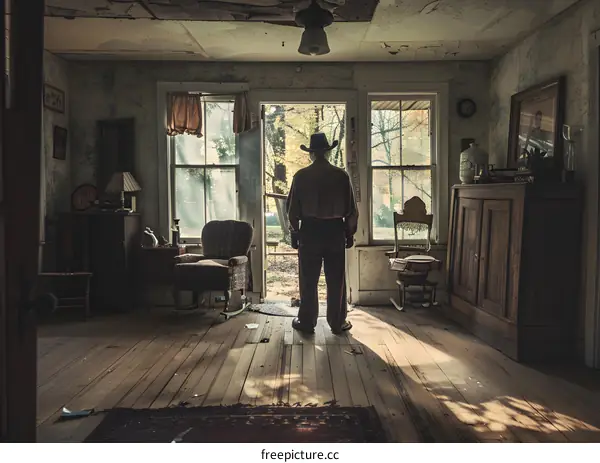 An old man standing in a doorway looking out at an overgrown yard