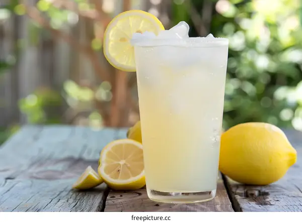 Glass of Lemonade with Ice and Lemon Slices on Wooden Table