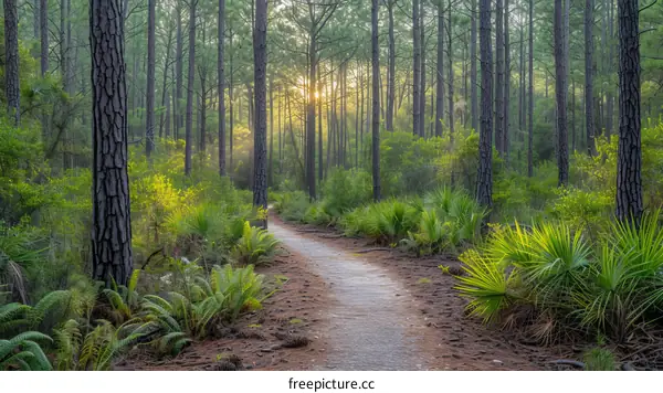 The sun shines through the trees in the forest