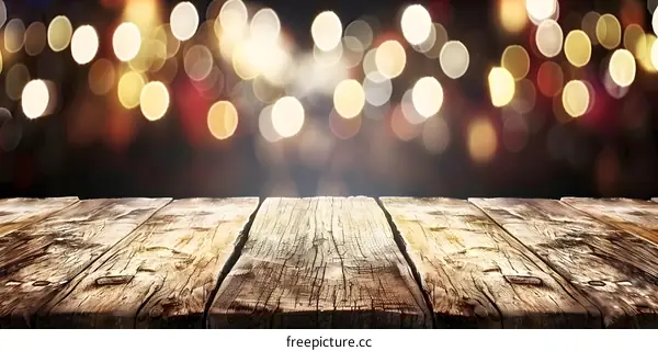 Wooden Tabletop with Blurred Bokeh Lights