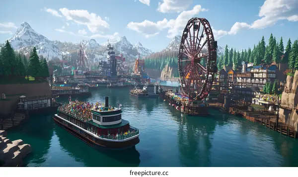 Scenic View of a Waterfront Amusement Park with a Ferris Wheel