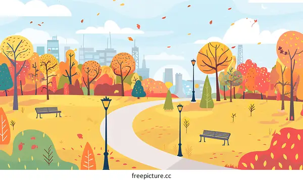 Autumn Park With City Skyline Illustration