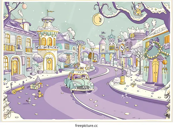 Winter Wonderland Town Illustration with Cartoon Style