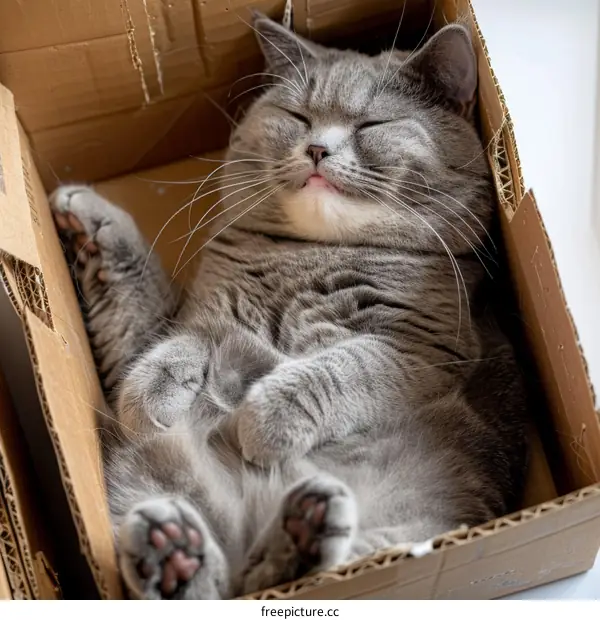 A gray cat is sleeping in a cardboard box