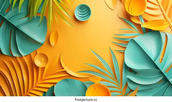 Tropical Paper Leaves and Balls on Yellow Background