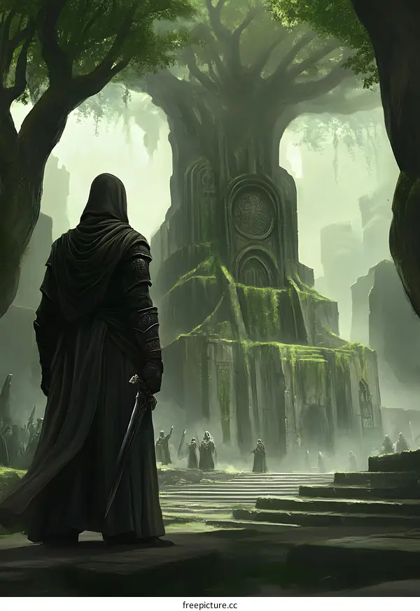 Fantasy World with Ancient Tree and Hooded Figure