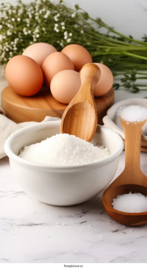 White bowl filled with sugar next to brown eggs and wooden spoon
