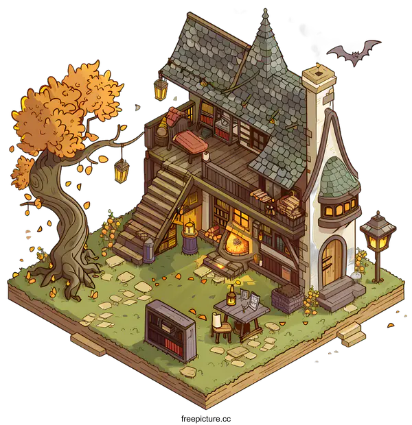 [Transparent Background PNG]Old House with Garden and Fireplace