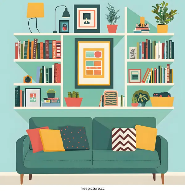 Modern Living Room Illustration with Sofa and Bookshelf