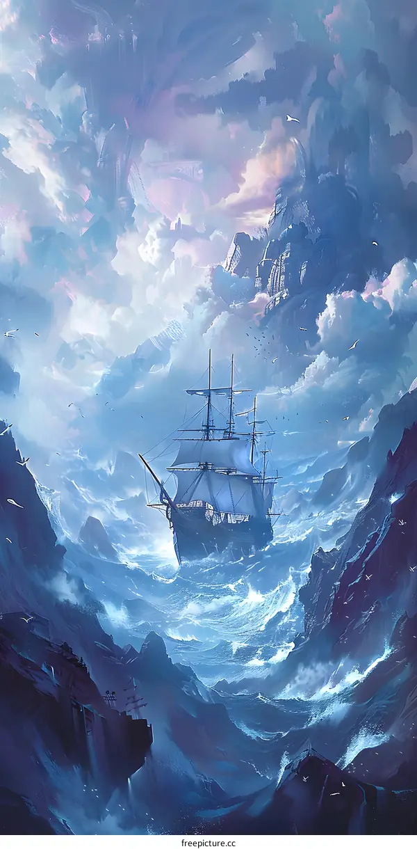 Sailing Through the Clouds with Sailboat in a Fantasy World