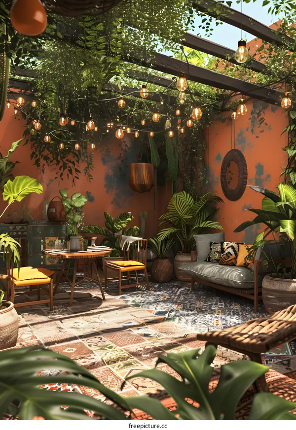 Tropical Garden Patio With String Lights