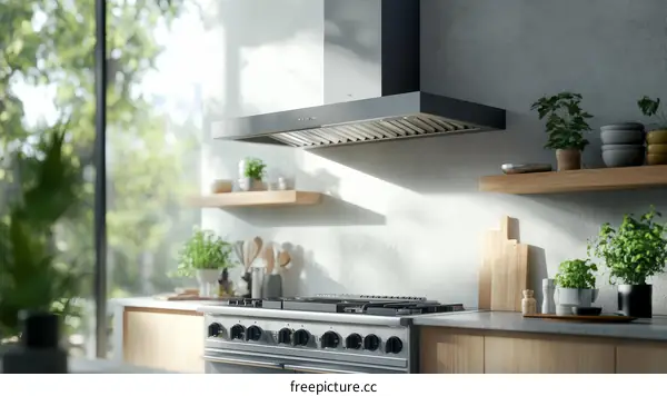 Modern Kitchen Range Hood with Wooden Shelves