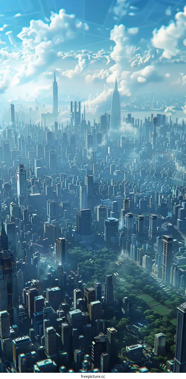 A bird's-eye view of a large city filled with towering skyscrapers