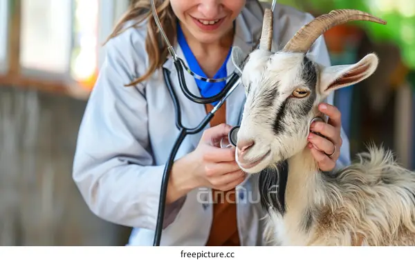 Smiling veterinarian examining goat with stethoscope