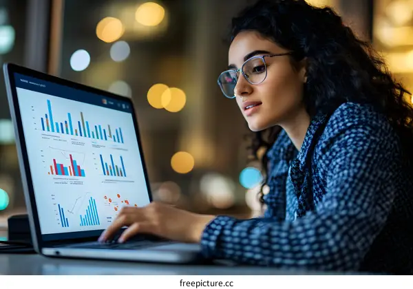 Woman Working on Laptop with Data Analysis