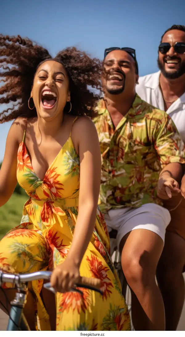 Three friends riding a bike and laughing