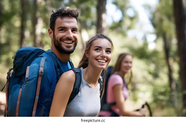Happy Couple Hiking In The Forest