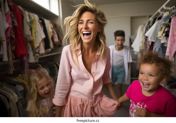 A mother and her three children are laughing and playing in a closet full of clothes.